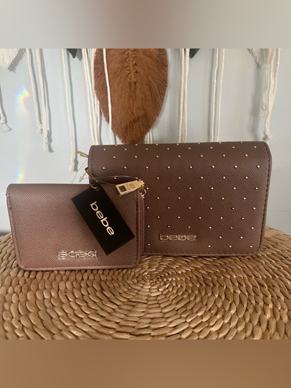 bebe Sagan flap crossbody w/wallet.  Taupe